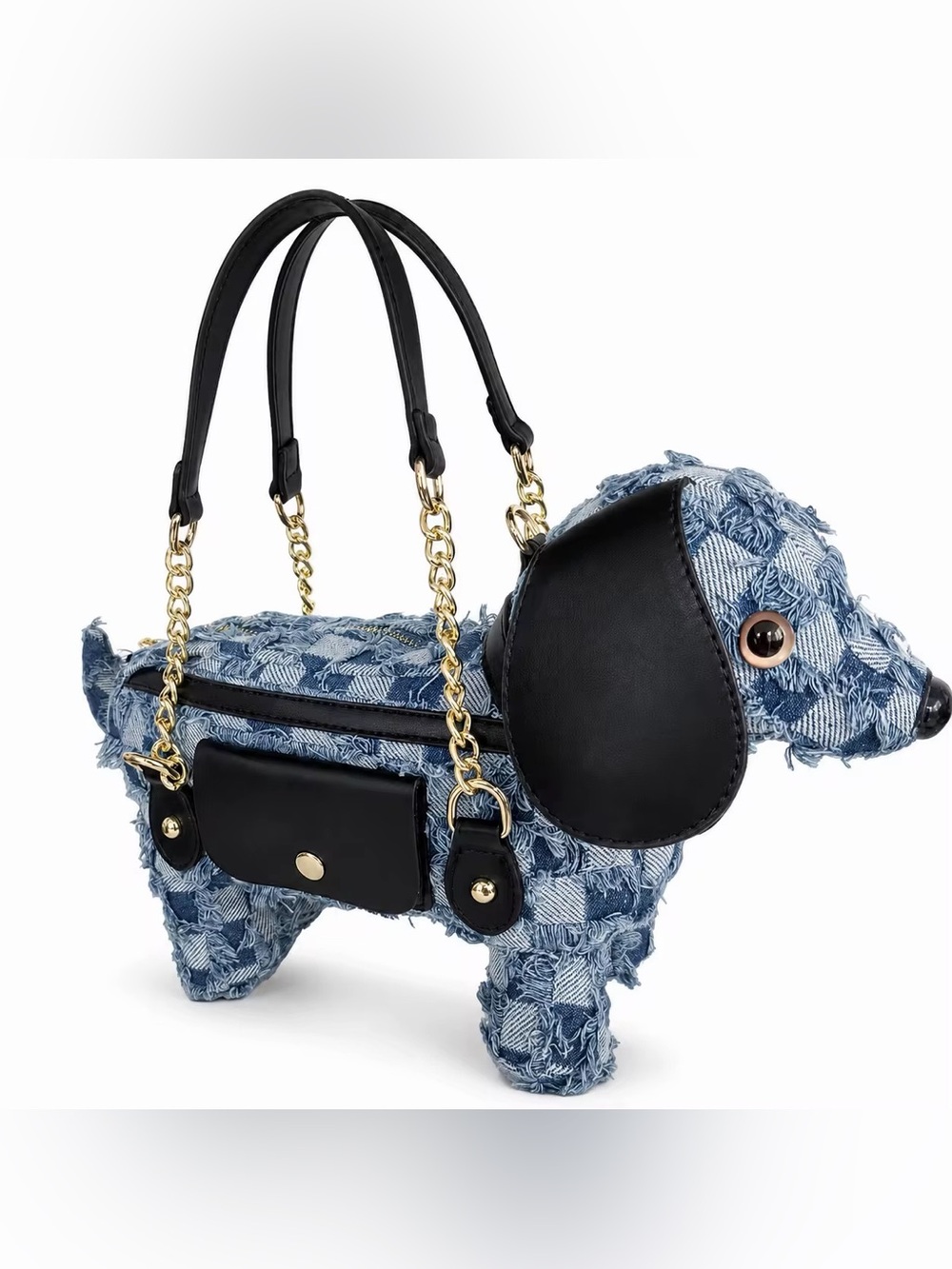 Novelty Denim Dachshund Shoulder Bag with Black Leather Accents